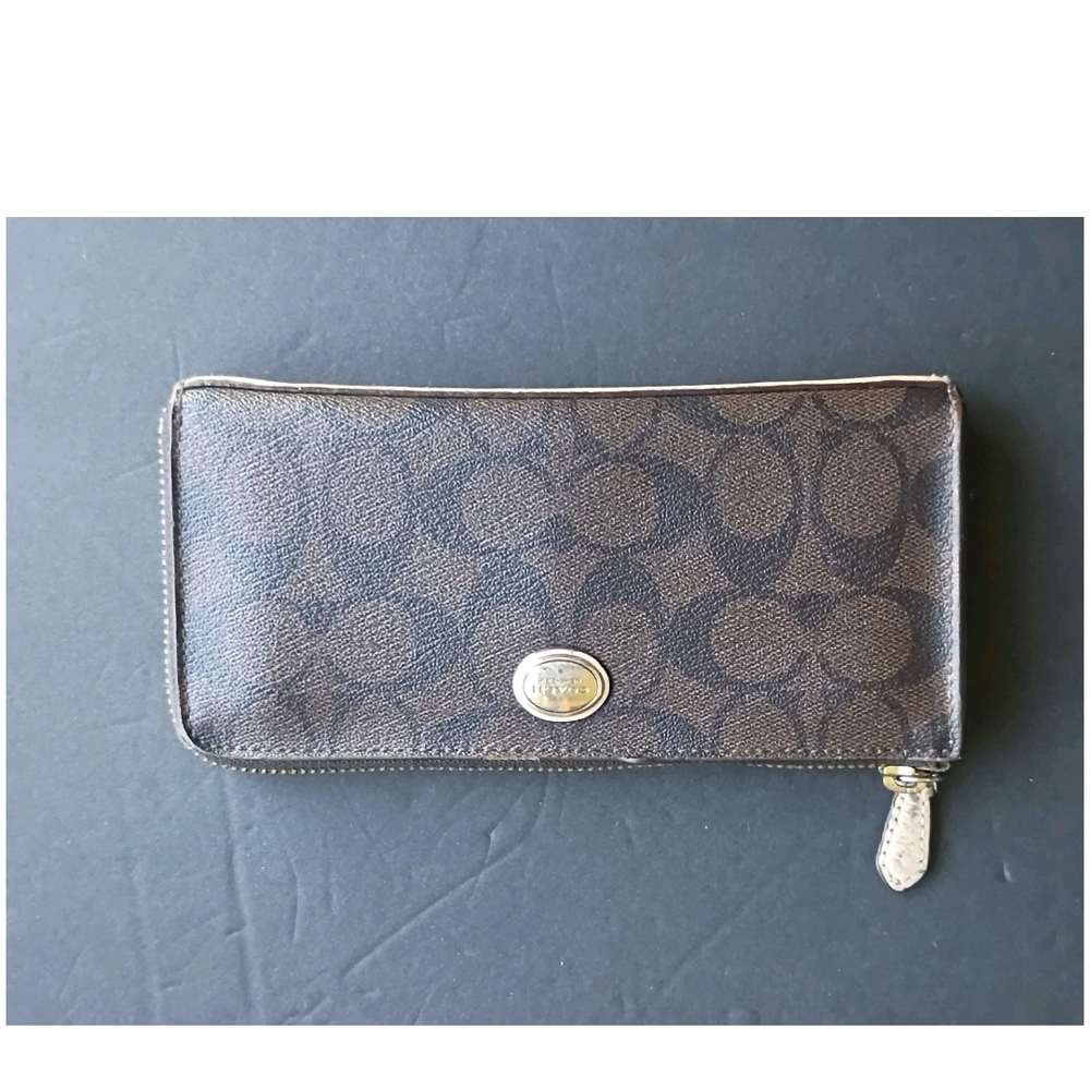 Coach Peyton Signature Slim Zip Around Canvas Tan, Brown CC Logo Wallet See Desc